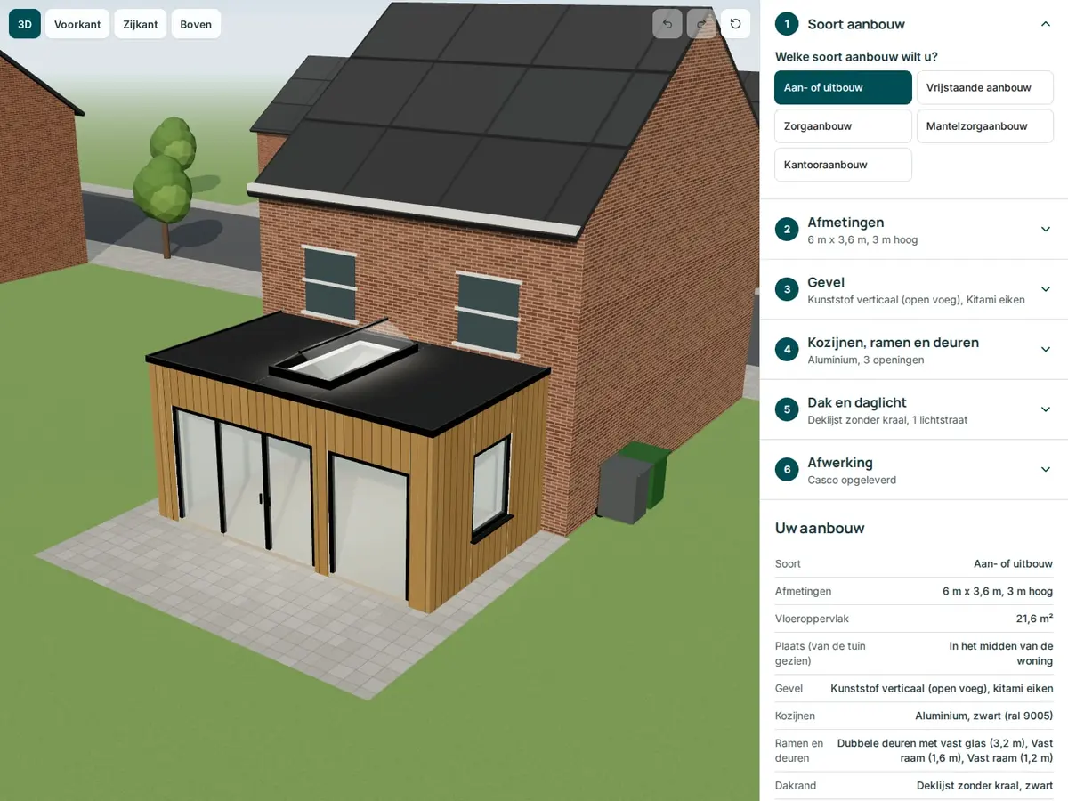 De 3D-configurator op onze nieuwe website: een aanbouw met verticale gevelbekleding in eikenlook, zwarte kozijnen en een lichtstraat, met rechts de stappen om de aanbouw samen te stellen.